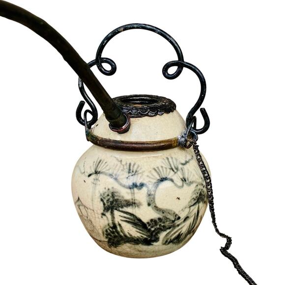 Antique Chinese Ceramic Opium Pipe w/ Metal Fittings & Chain | Hand Painted - Picture 1 of 4